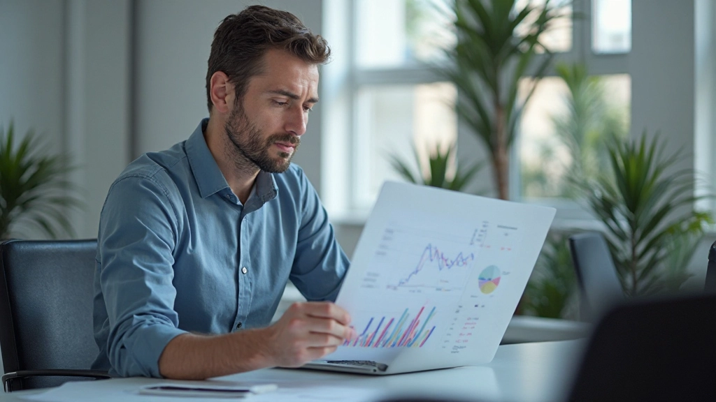 Professional consultant analyzing market trends with data charts and business metrics in modern office