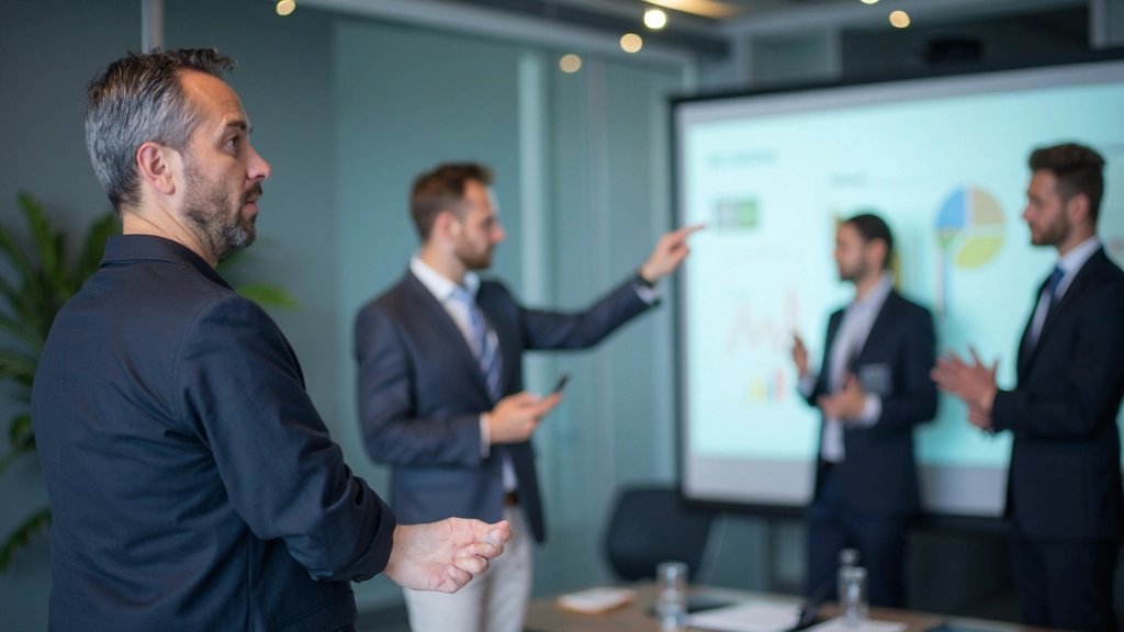 Team of business professionals collaborating on market strategy using whiteboards and laptops in conference room