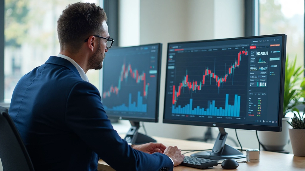 Professional analyst reviewing market data and competitive landscape on multiple screens in modern business environment