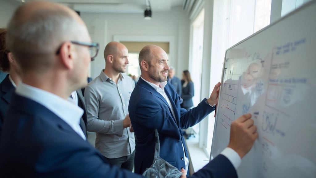 Business consultant analyzing strategic frameworks with team collaboration in modern office environment