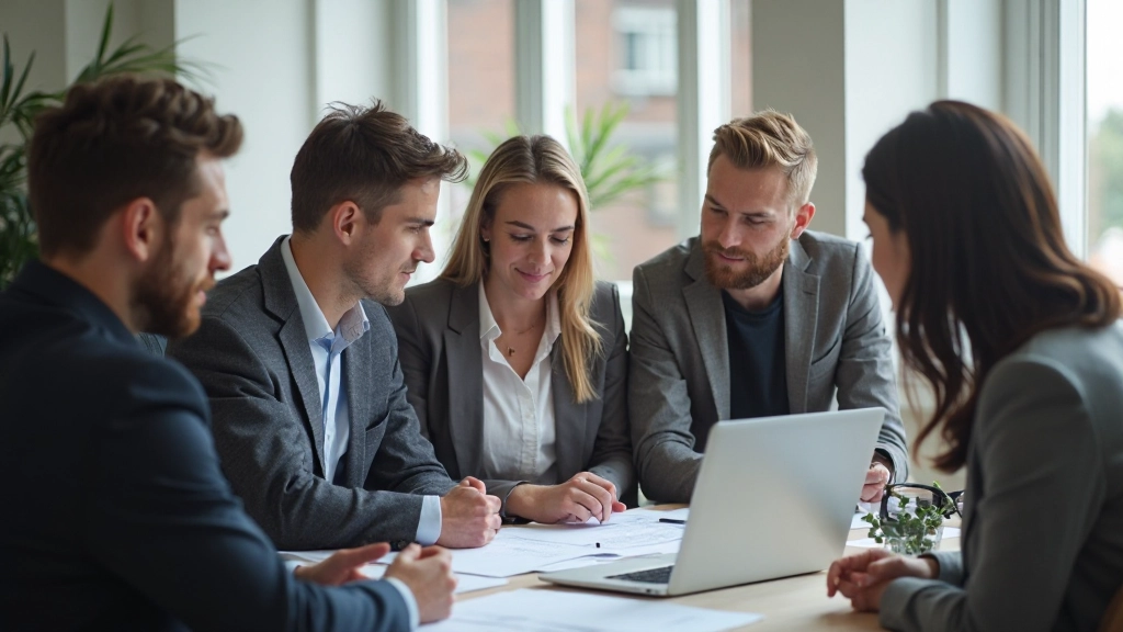 Business team collaborating on startup strategy planning around table with laptop and documents