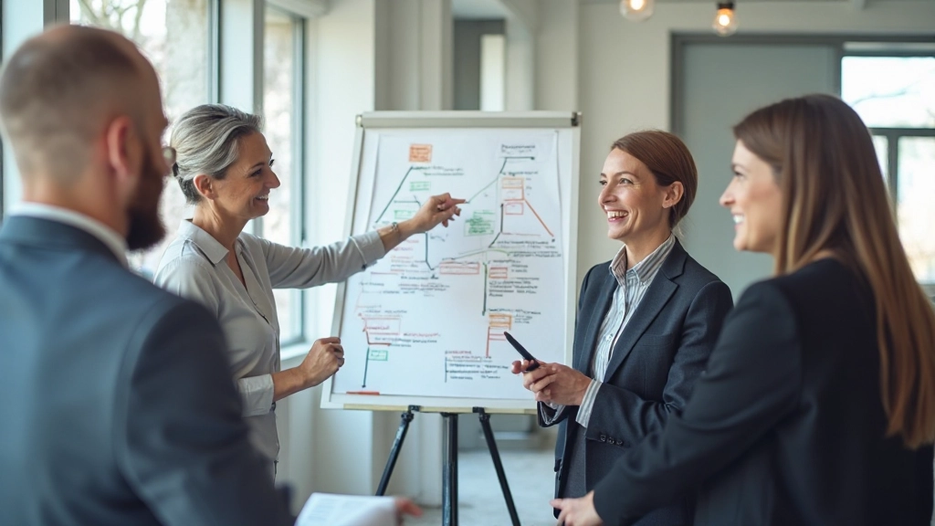 Professional business team analyzing strategic framework in modern conference room with digital displays