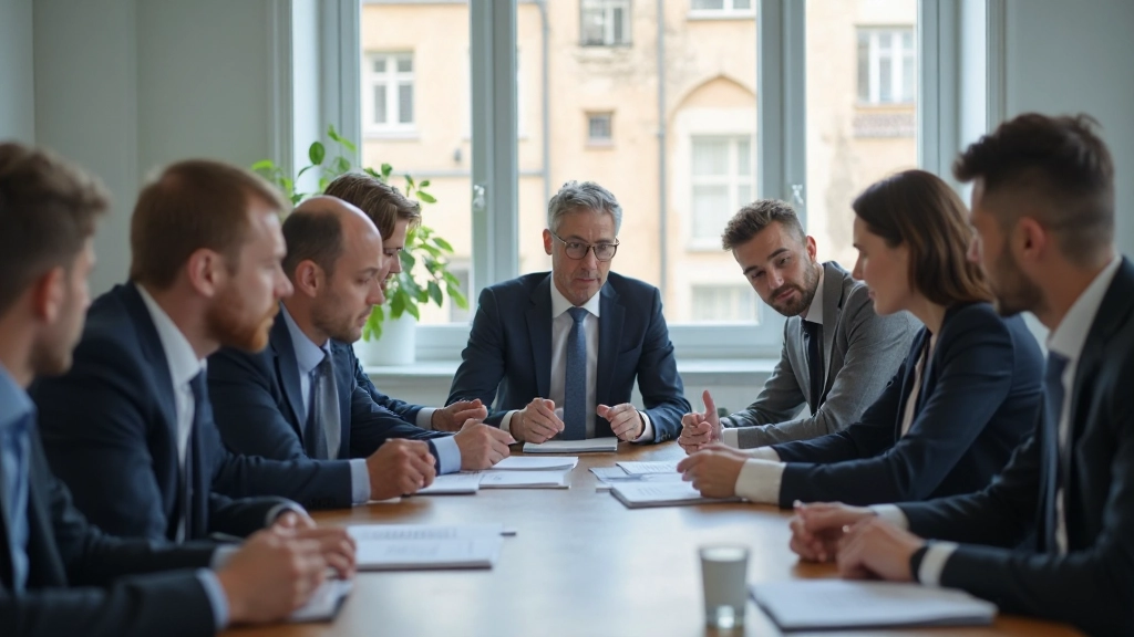 Team meeting discussing organizational transformation strategy in modern conference room