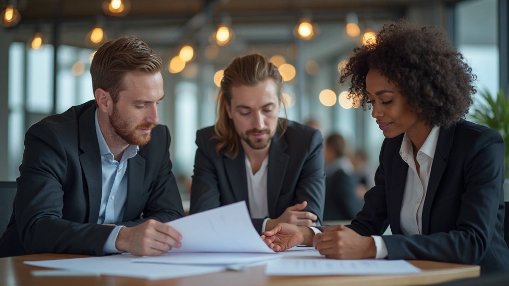 Team of business professionals reviewing financial reports and strategic planning documents at conference table