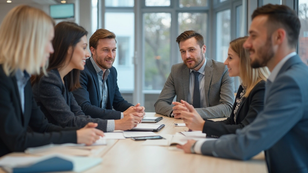 Business team discussing organizational strategy and change management in modern conference room