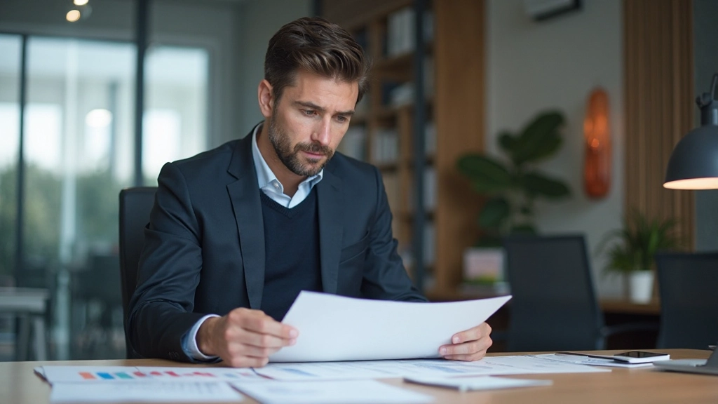 Entrepreneur reviewing business plan and market analysis documents at workspace with analytical charts visible