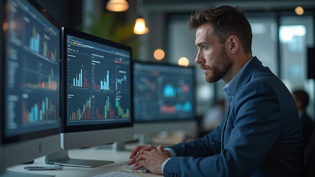 Entrepreneur analyzing business metrics and performance data on computer dashboard