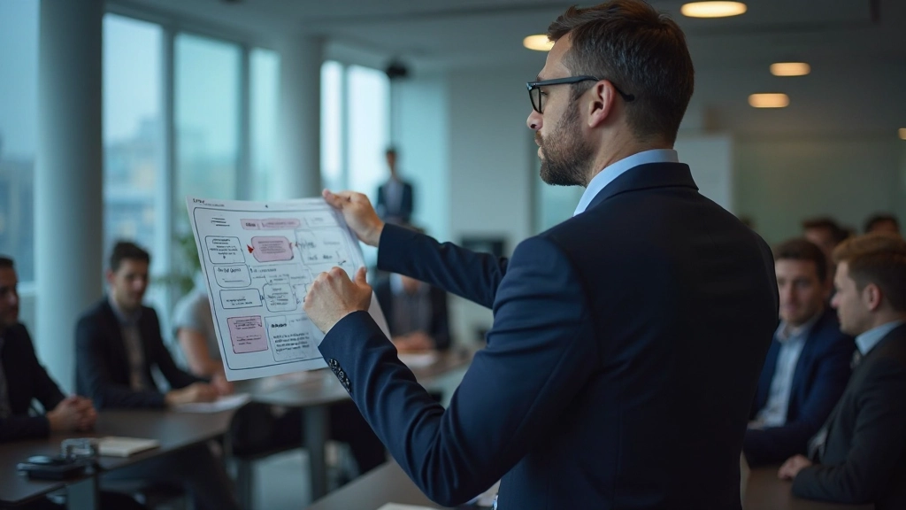 Entrepreneur presenting business model framework to stakeholders in corporate setting with professional presentation materials