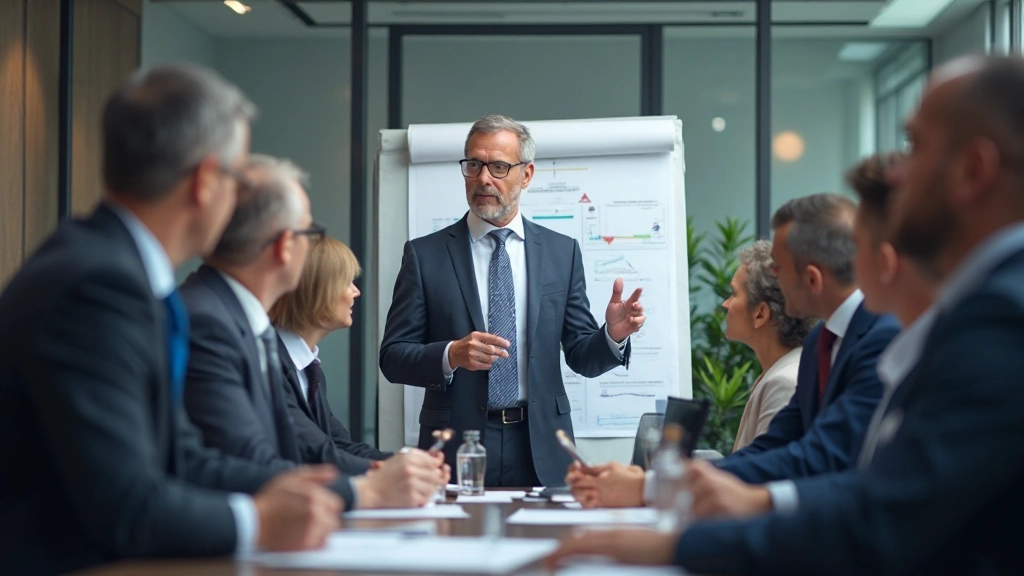 Executive team presenting change roadmap and implementation timeline to cross-functional audience