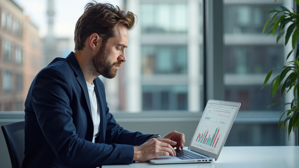 Professional consultant analyzing market trends with data charts and business metrics
