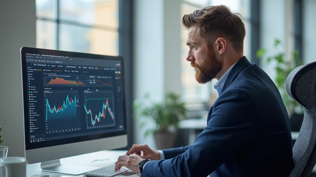 Financial professional analyzing performance metrics on computer dashboard in modern office environment