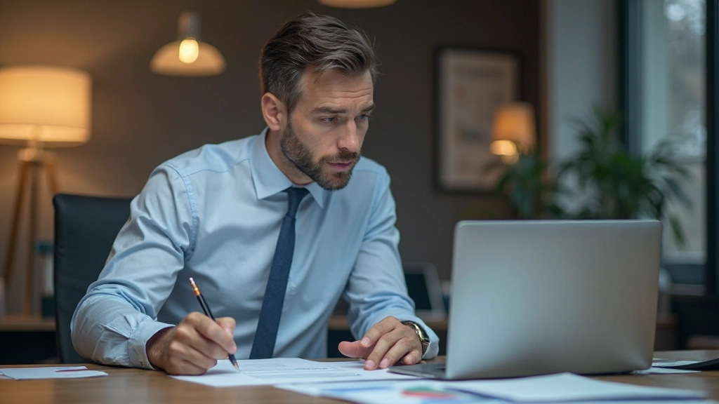 Financial analyst reviewing performance metrics and strategic planning documents at workspace