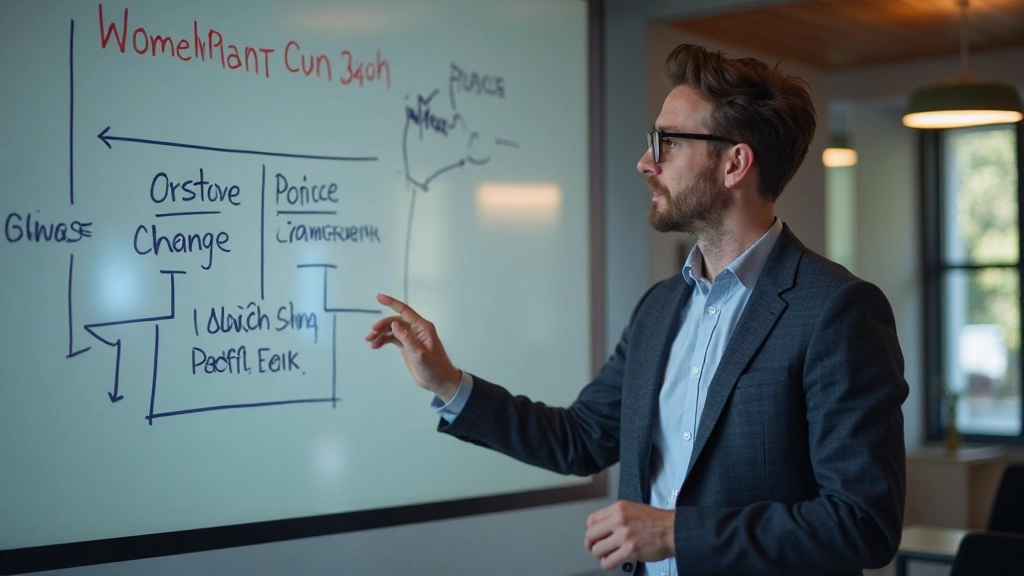 Professional consultant analyzing change management framework on digital whiteboard with team input