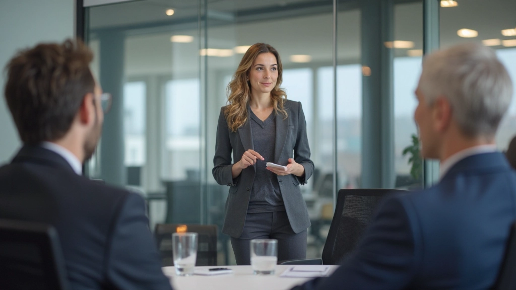 Entrepreneur presenting business model framework to stakeholders in corporate setting